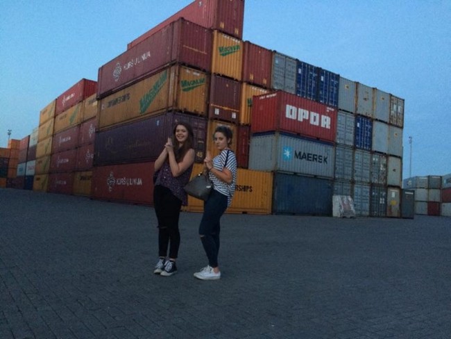 Amy Bain and Chloe Hodge on container ship to Lithuania with High Tide Foundation