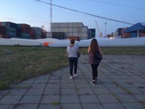 Amy Bain and Chloe Hodge on container ship to Lithuania with High Tide Foundation